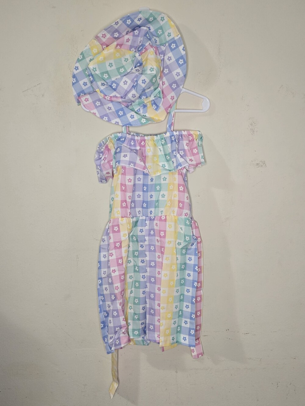 Girls 3PC Pastel Gingham Romper Hat Set 5-6Y Off Shoulder Floral Summer NWT